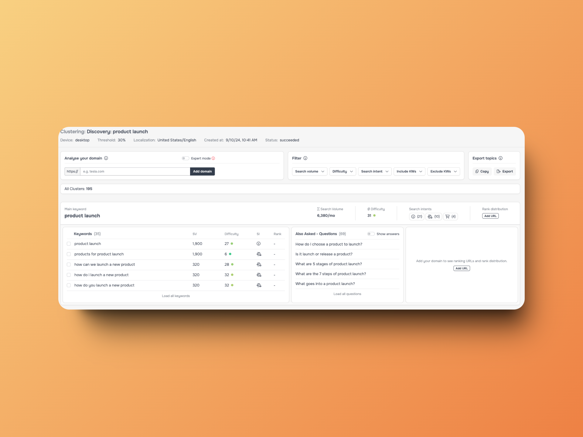 seospark keyword cluster results