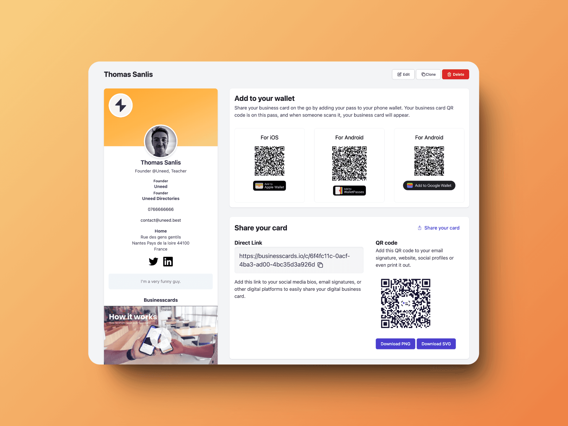 Businesscards.io - Dashboard